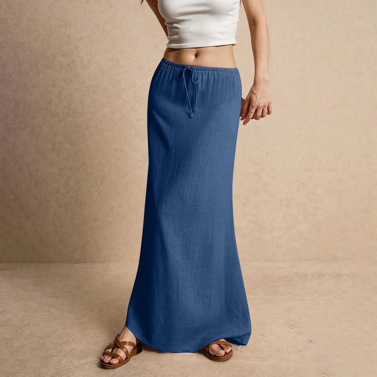 Long Flowy Skirts for Women Summer Womens Linen Maxi Skirt with Slit Comfy Drawstring Low Rise Skirts Plus Size