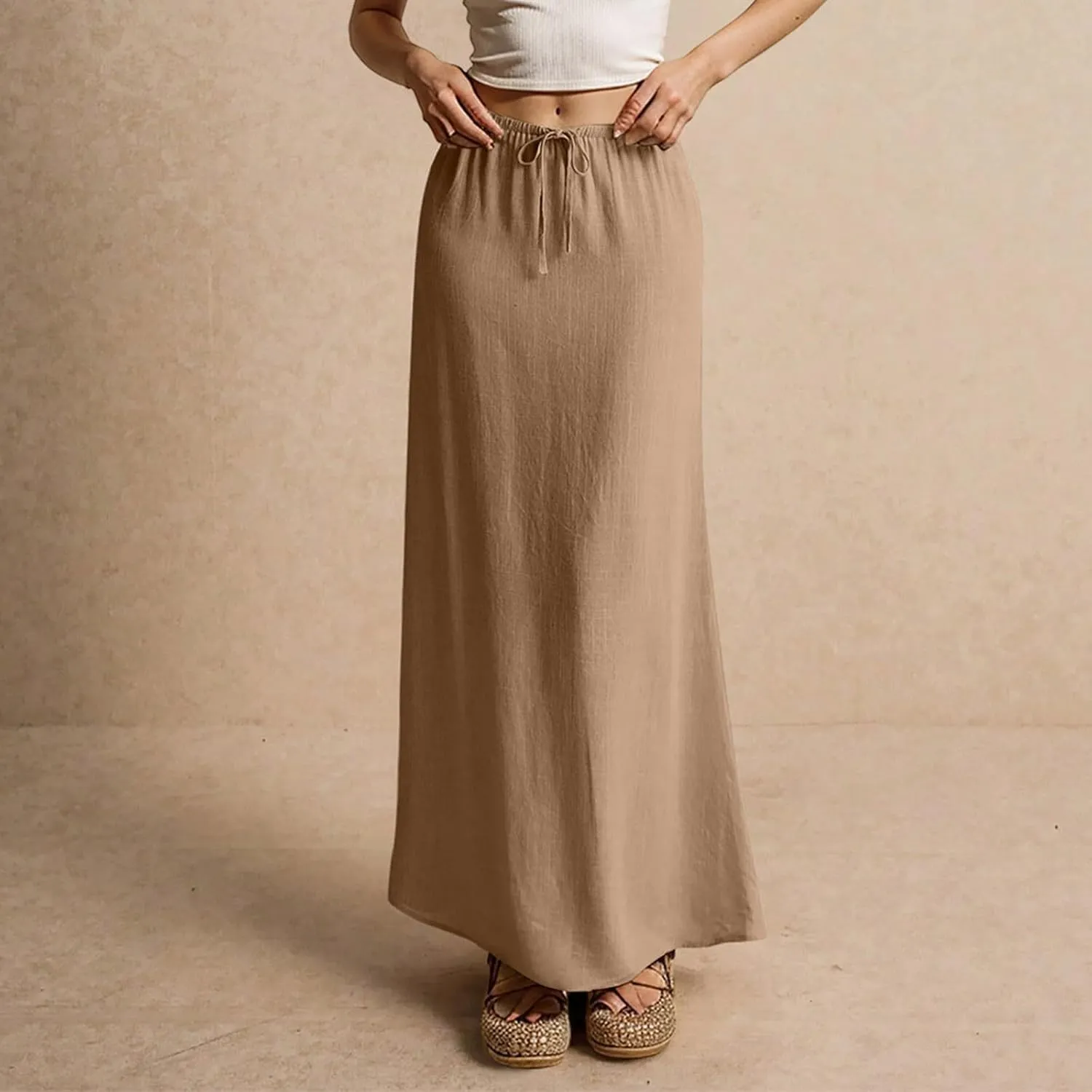 Long Flowy Skirts for Women Summer Womens Linen Maxi Skirt with Slit Comfy Drawstring Low Rise Skirts Plus Size