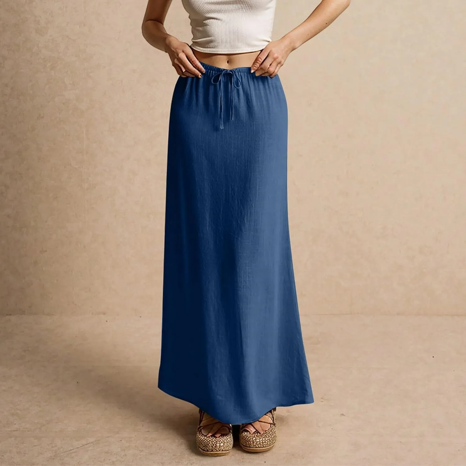 Long Flowy Skirts for Women Summer Womens Linen Maxi Skirt with Slit Comfy Drawstring Low Rise Skirts Plus Size
