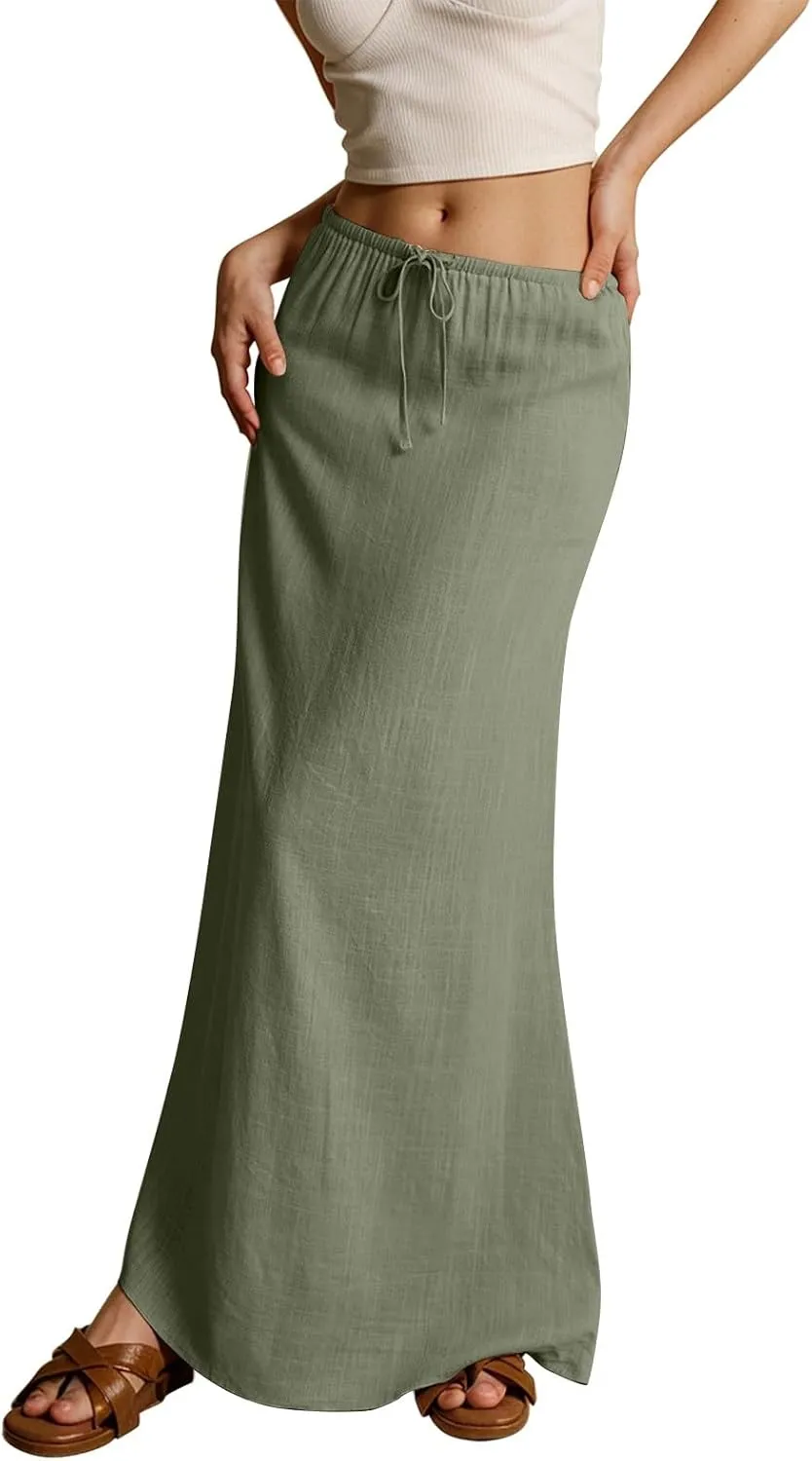 Long Flowy Skirts for Women Summer Womens Linen Maxi Skirt with Slit Comfy Drawstring Low Rise Skirts Plus Size