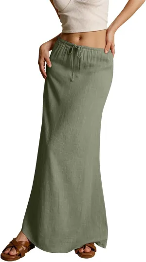 Long Flowy Skirts for Women Summer Womens Linen Maxi Skirt with Slit Comfy Drawstring Low Rise Skirts Plus Size
