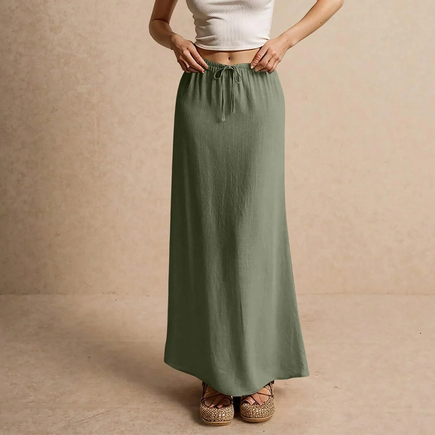 Long Flowy Skirts for Women Summer Womens Linen Maxi Skirt with Slit Comfy Drawstring Low Rise Skirts Plus Size