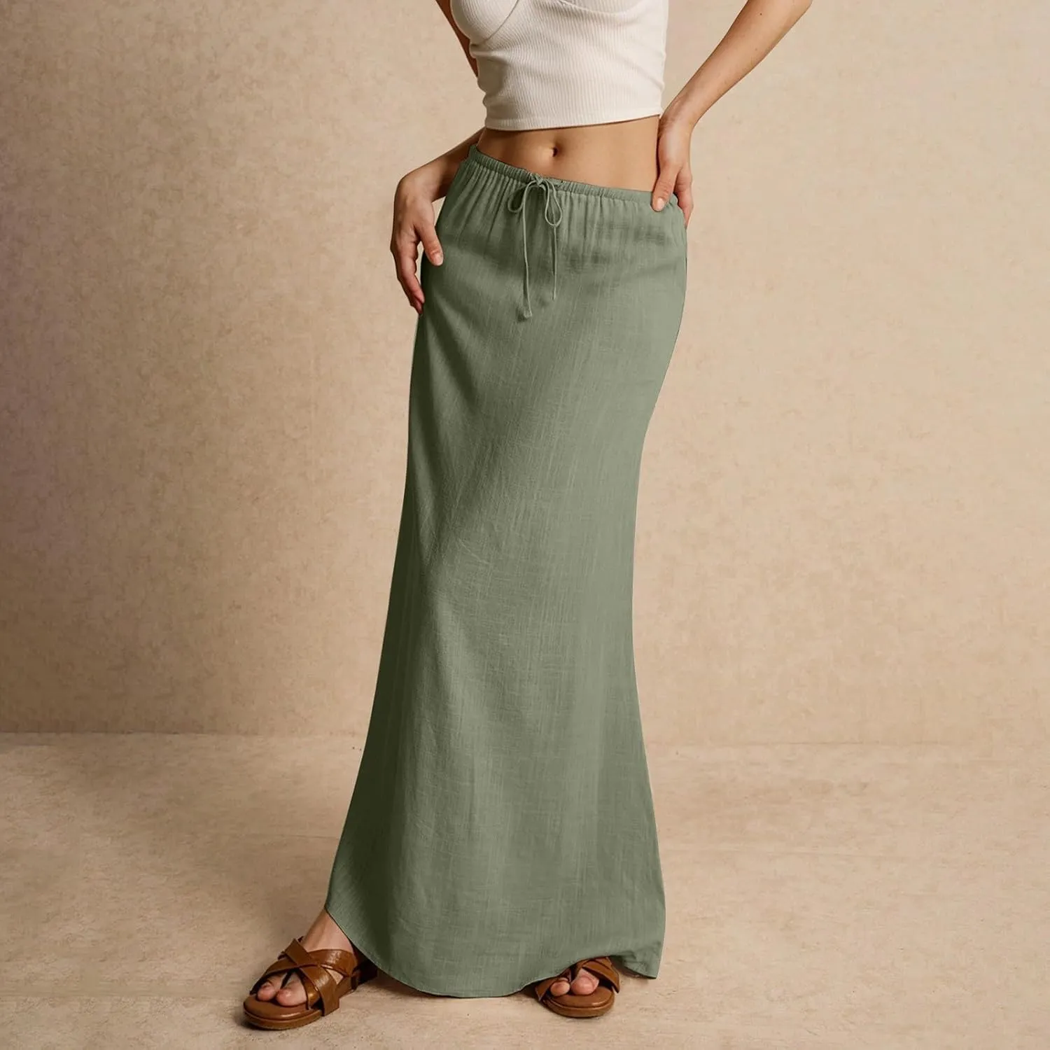 Long Flowy Skirts for Women Summer Womens Linen Maxi Skirt with Slit Comfy Drawstring Low Rise Skirts Plus Size