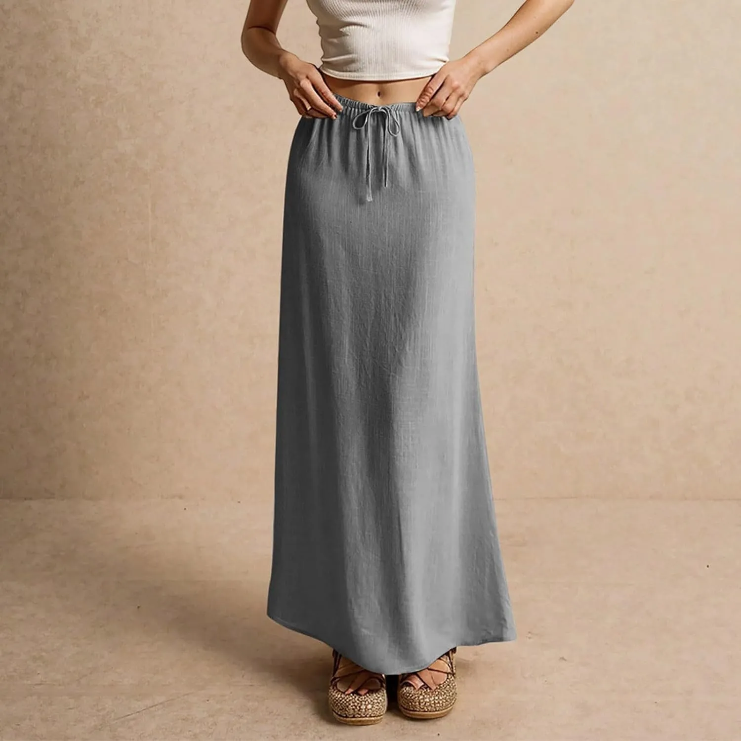 Long Flowy Skirts for Women Summer Womens Linen Maxi Skirt with Slit Comfy Drawstring Low Rise Skirts Plus Size