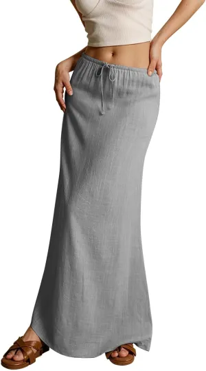 Long Flowy Skirts for Women Summer Womens Linen Maxi Skirt with Slit Comfy Drawstring Low Rise Skirts Plus Size