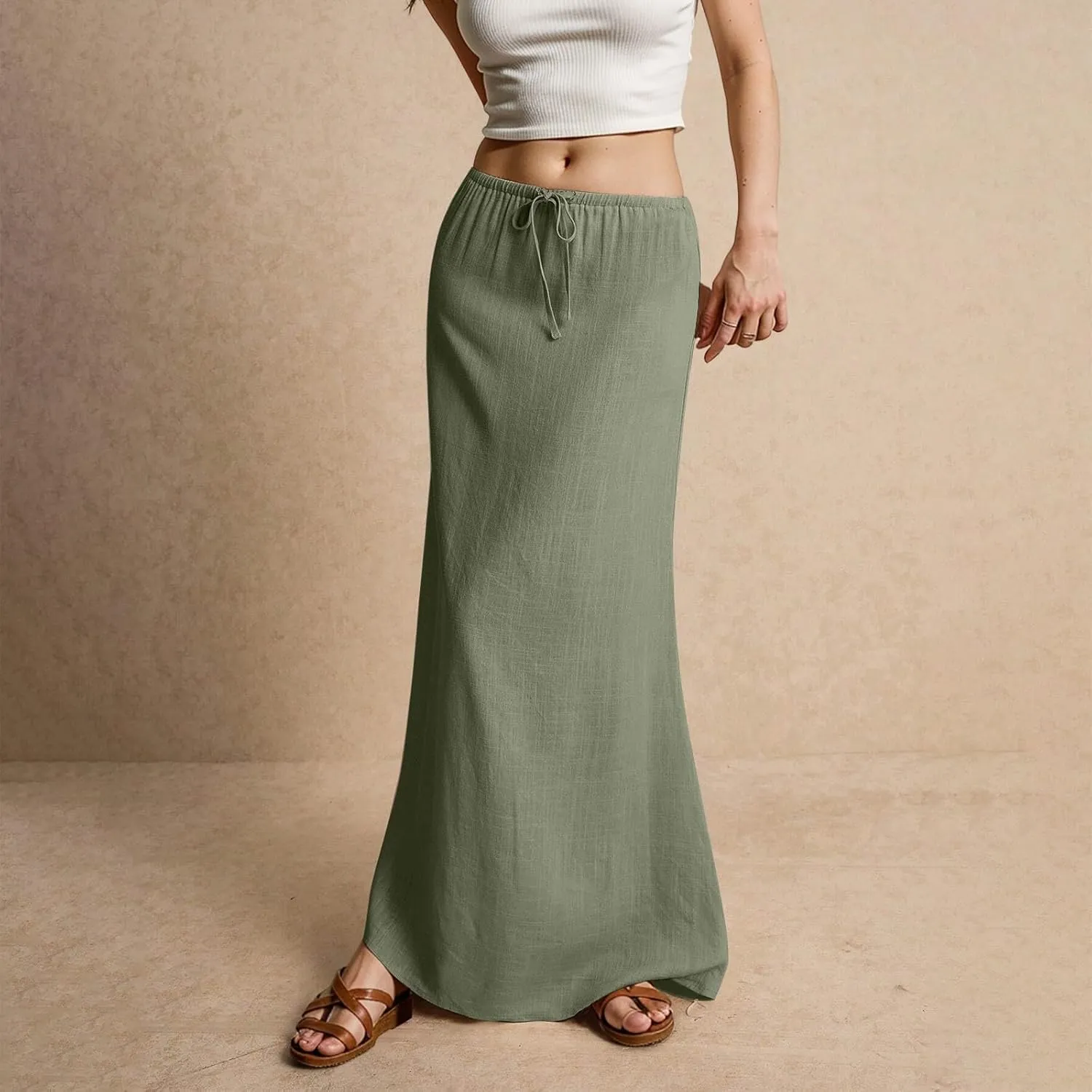 Long Flowy Skirts for Women Summer Womens Linen Maxi Skirt with Slit Comfy Drawstring Low Rise Skirts Plus Size