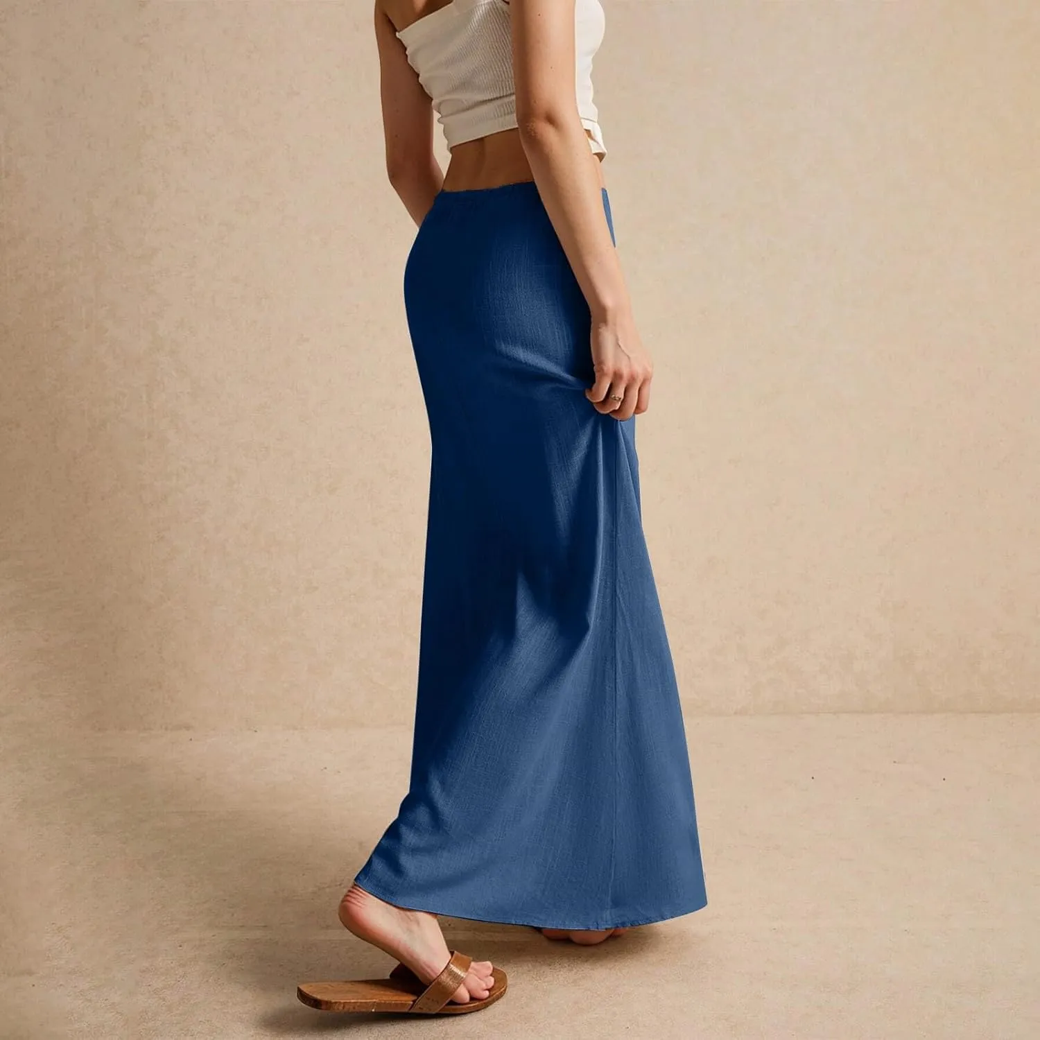 Long Flowy Skirts for Women Summer Womens Linen Maxi Skirt with Slit Comfy Drawstring Low Rise Skirts Plus Size