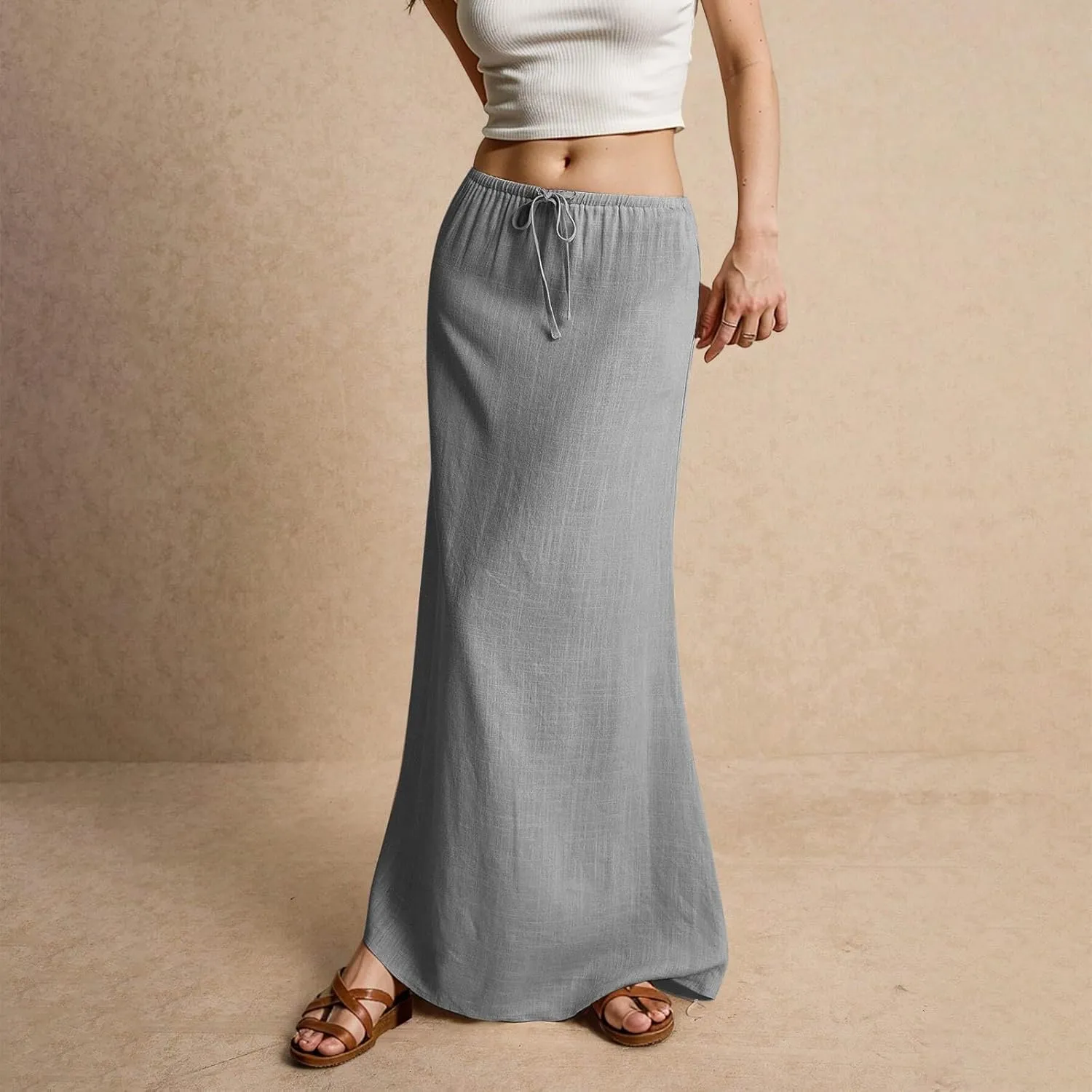 Long Flowy Skirts for Women Summer Womens Linen Maxi Skirt with Slit Comfy Drawstring Low Rise Skirts Plus Size