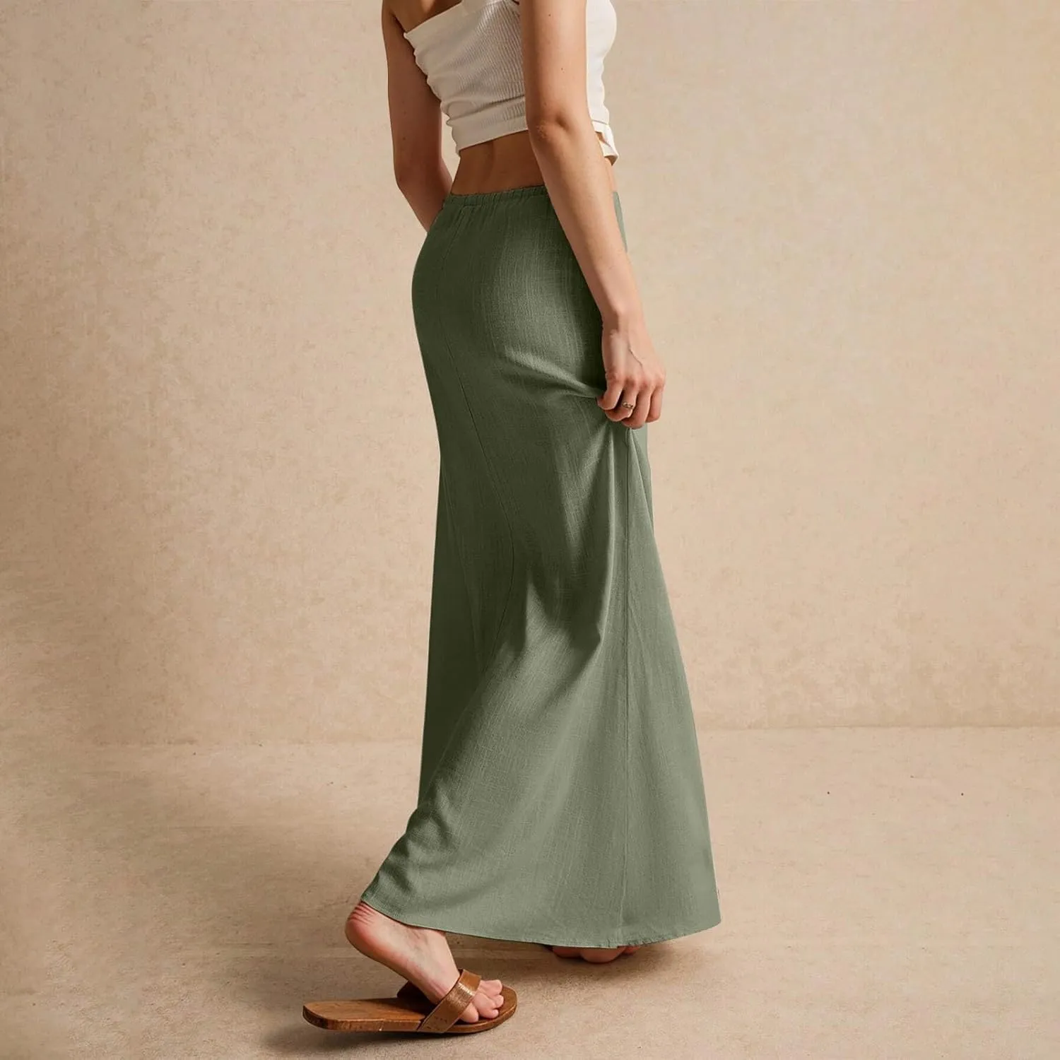Long Flowy Skirts for Women Summer Womens Linen Maxi Skirt with Slit Comfy Drawstring Low Rise Skirts Plus Size
