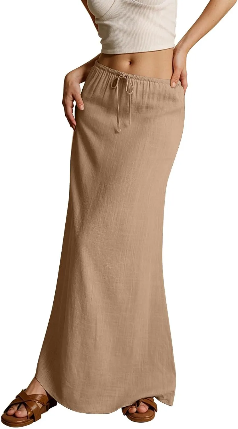 Long Flowy Skirts for Women Summer Womens Linen Maxi Skirt with Slit Comfy Drawstring Low Rise Skirts Plus Size