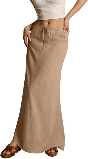 Long Flowy Skirts for Women Summer Womens Linen Maxi Skirt with Slit Comfy Drawstring Low Rise Skirts Plus Size