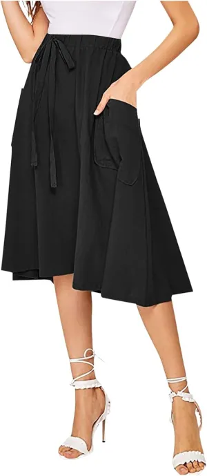 Long Skirts for Women Below Knee Length Casual Elastic Tie Waist Flowy A Line High Low Midi Skirt Dress with Pockets