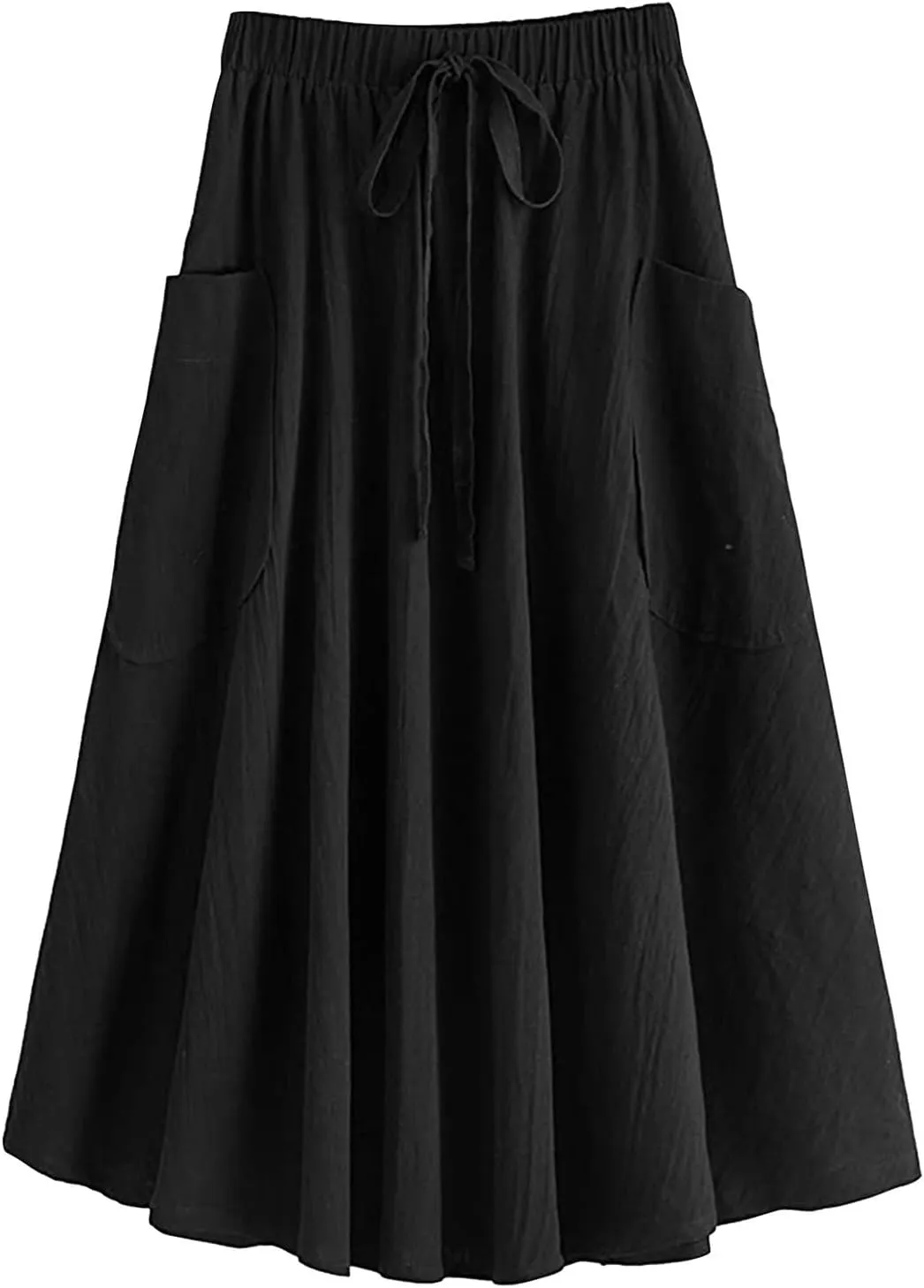 Long Skirts for Women Below Knee Length Casual Elastic Tie Waist Flowy A Line High Low Midi Skirt Dress with Pockets