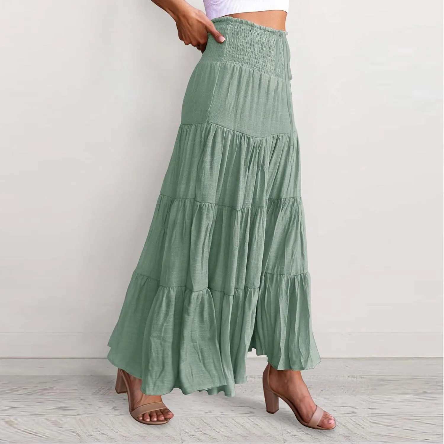Long Skirts for Women Summer Casual Boho Flowy A Line Elastic Tie Waist Tiered Ruffle Swing Pleated Maxi Skirt Dress
