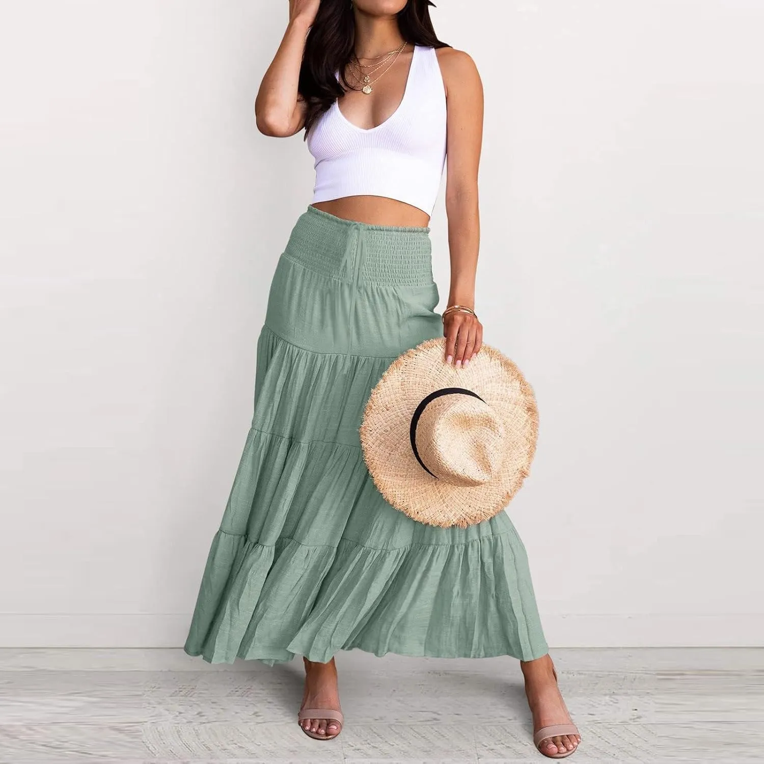 Long Skirts for Women Summer Casual Boho Flowy A Line Elastic Tie Waist Tiered Ruffle Swing Pleated Maxi Skirt Dress