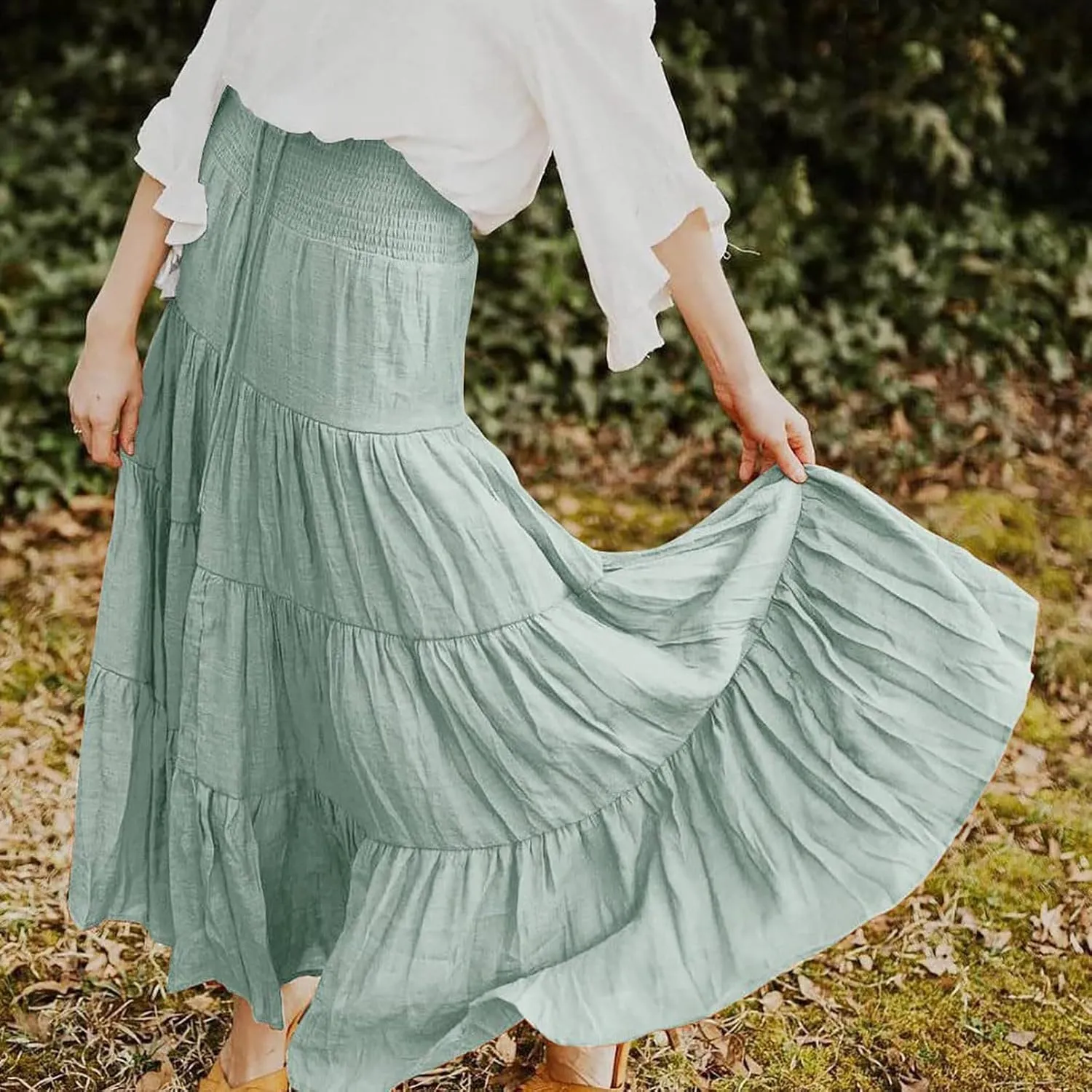 Long Skirts for Women Summer Casual Boho Flowy A Line Elastic Tie Waist Tiered Ruffle Swing Pleated Maxi Skirt Dress