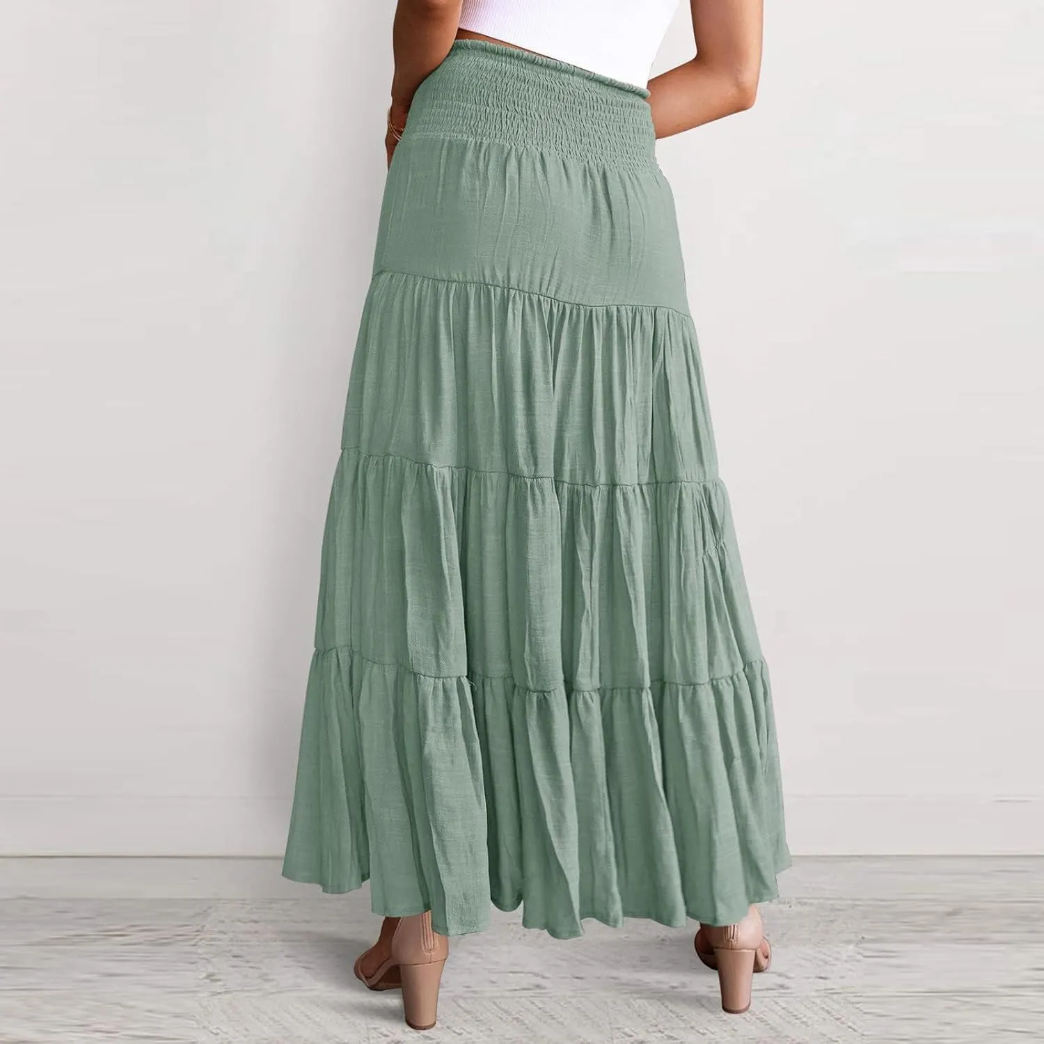 Long Skirts for Women Summer Casual Boho Flowy A Line Elastic Tie Waist Tiered Ruffle Swing Pleated Maxi Skirt Dress