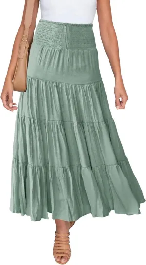 Long Skirts for Women Summer Casual Boho Flowy A Line Elastic Tie Waist Tiered Ruffle Swing Pleated Maxi Skirt Dress