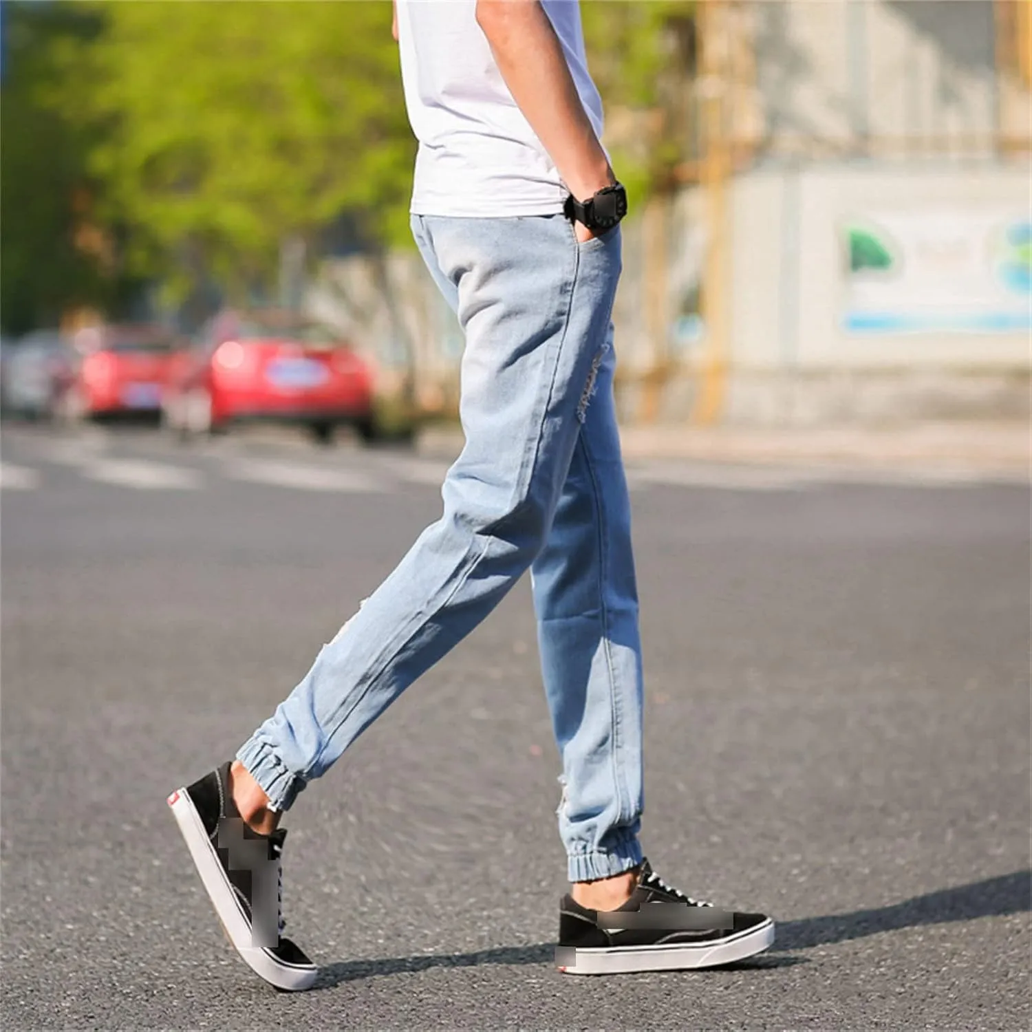 Maiyifu-GJ Men's Ripped Joggers Denim Pants Elastic Waist Casual Pull On Jean Pants Lightweight Distressed Jeans Trousers