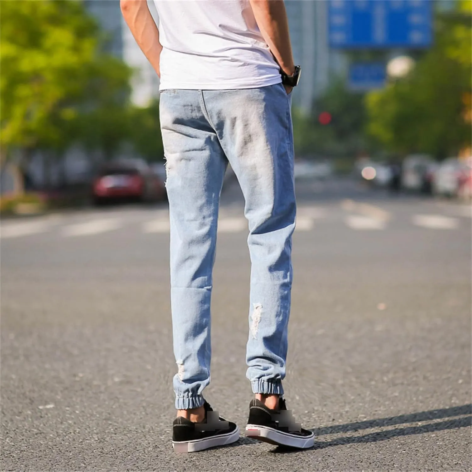 Maiyifu-GJ Men's Ripped Joggers Denim Pants Elastic Waist Casual Pull On Jean Pants Lightweight Distressed Jeans Trousers