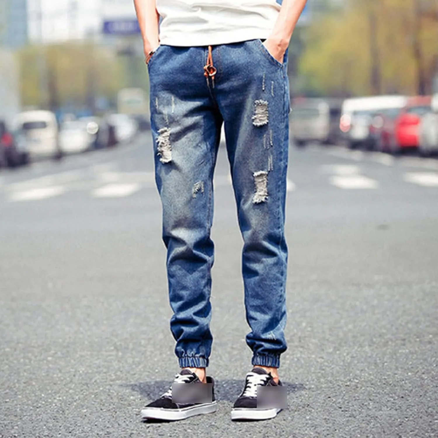 Maiyifu-GJ Men's Ripped Joggers Denim Pants Elastic Waist Casual Pull On Jean Pants Lightweight Distressed Jeans Trousers