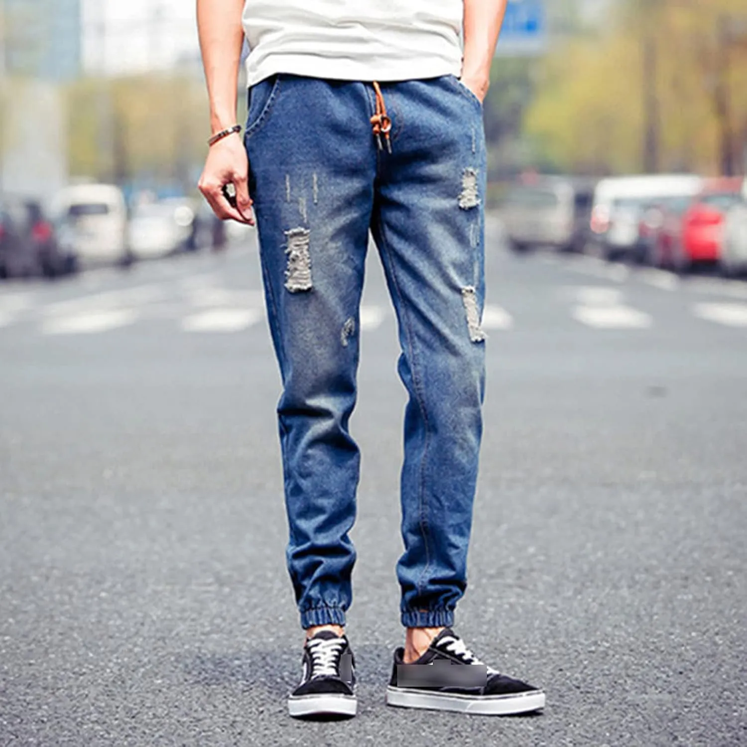 Maiyifu-GJ Men's Ripped Joggers Denim Pants Elastic Waist Casual Pull On Jean Pants Lightweight Distressed Jeans Trousers