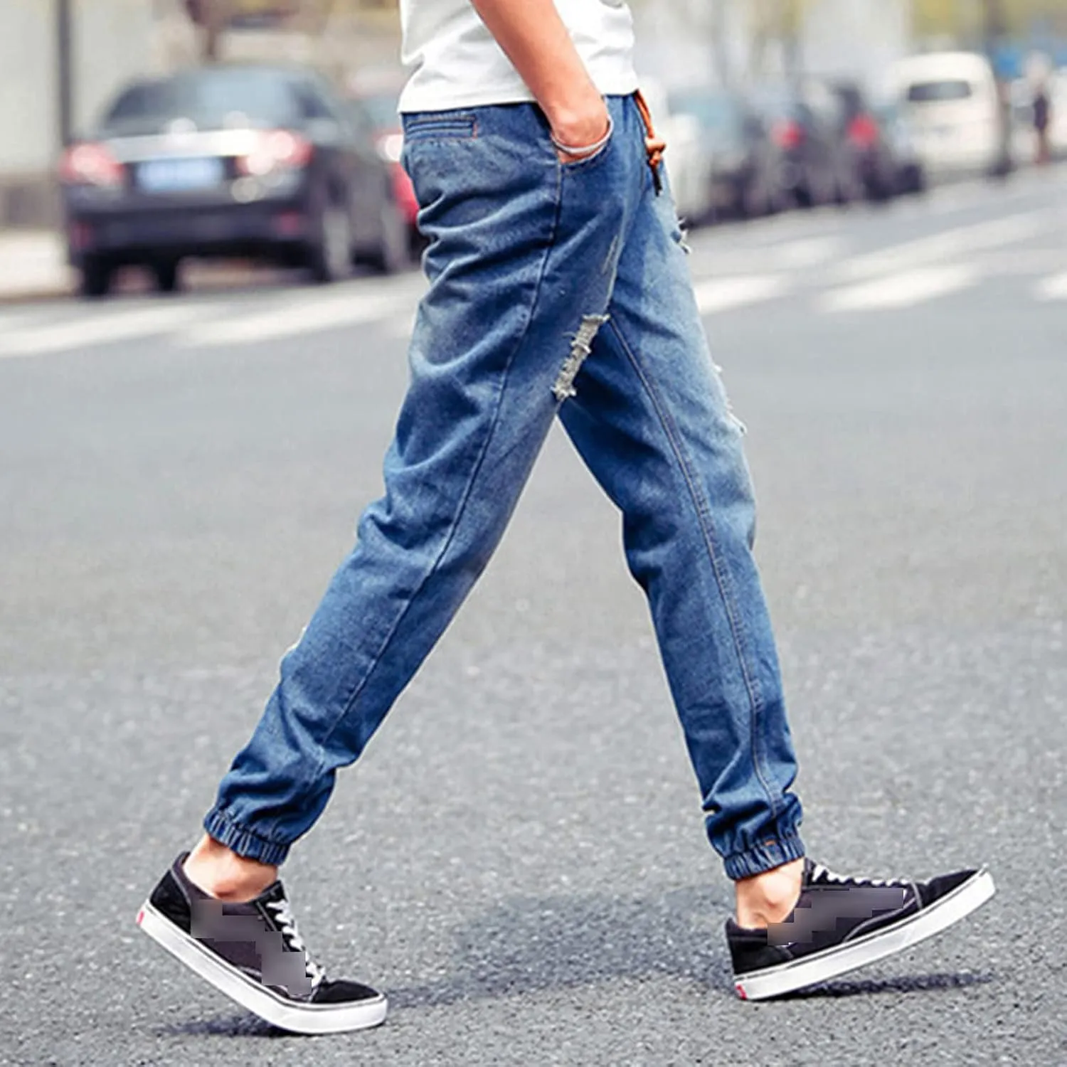 Maiyifu-GJ Men's Ripped Joggers Denim Pants Elastic Waist Casual Pull On Jean Pants Lightweight Distressed Jeans Trousers