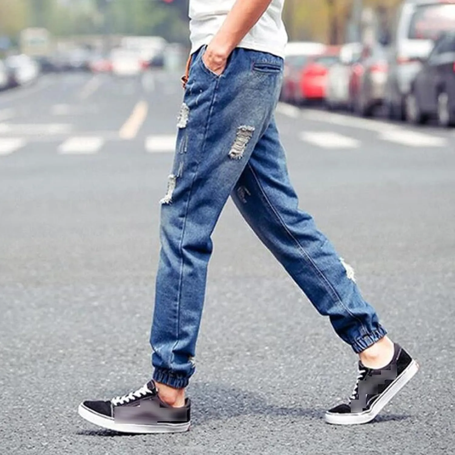Maiyifu-GJ Men's Ripped Joggers Denim Pants Elastic Waist Casual Pull On Jean Pants Lightweight Distressed Jeans Trousers