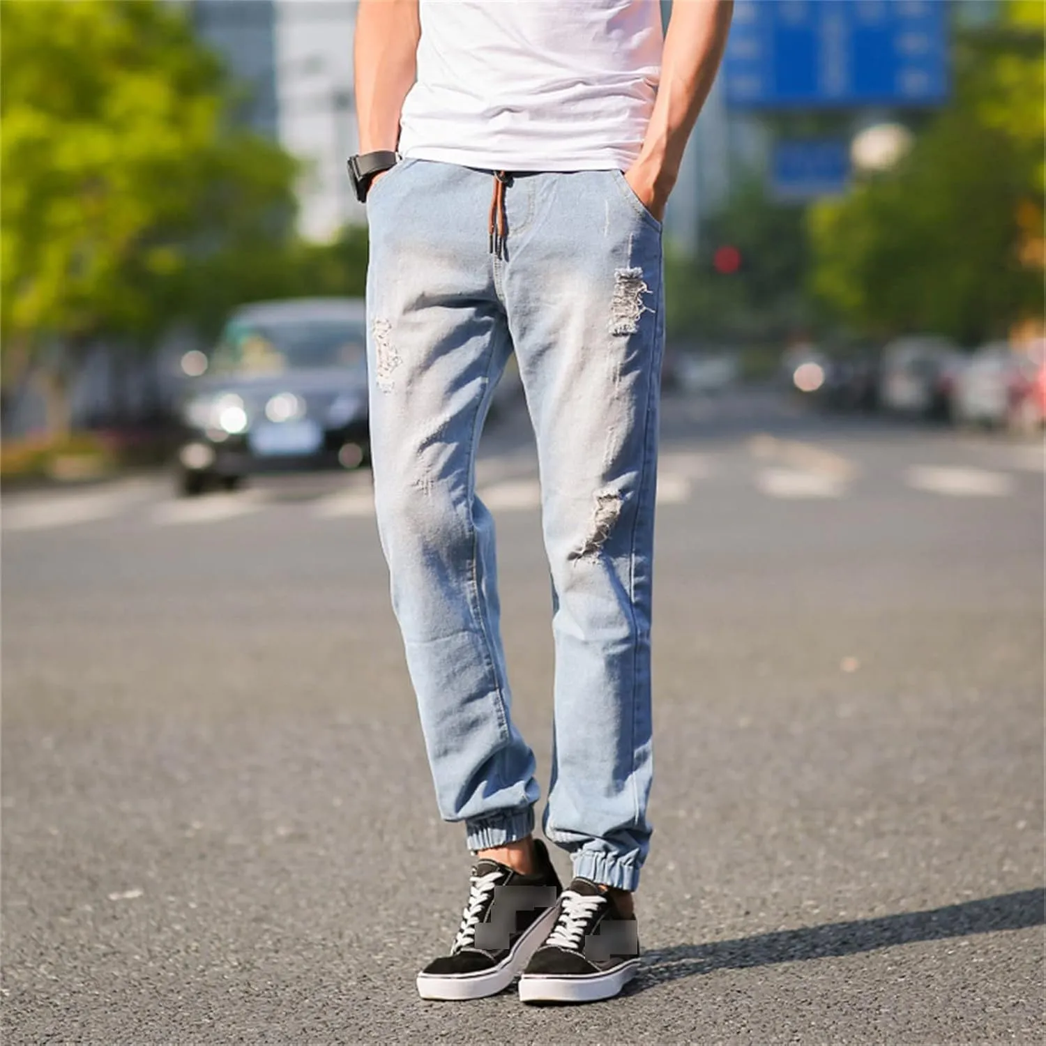 Maiyifu-GJ Men's Ripped Joggers Denim Pants Elastic Waist Casual Pull On Jean Pants Lightweight Distressed Jeans Trousers