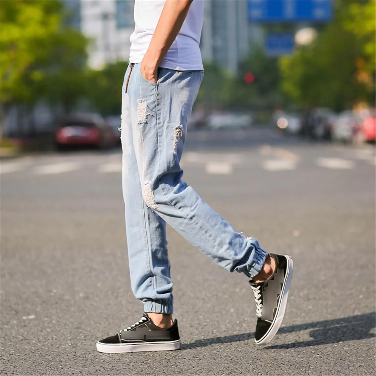 Maiyifu-GJ Men's Ripped Joggers Denim Pants Elastic Waist Casual Pull On Jean Pants Lightweight Distressed Jeans Trousers