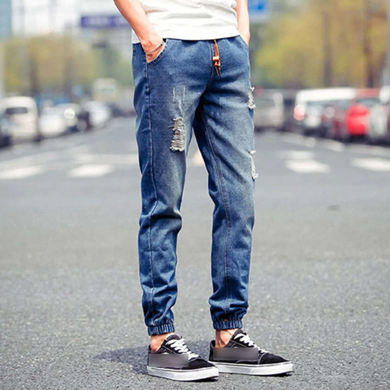 Maiyifu-GJ Men's Ripped Joggers Denim Pants Elastic Waist Casual Pull On Jean Pants Lightweight Distressed Jeans Trousers