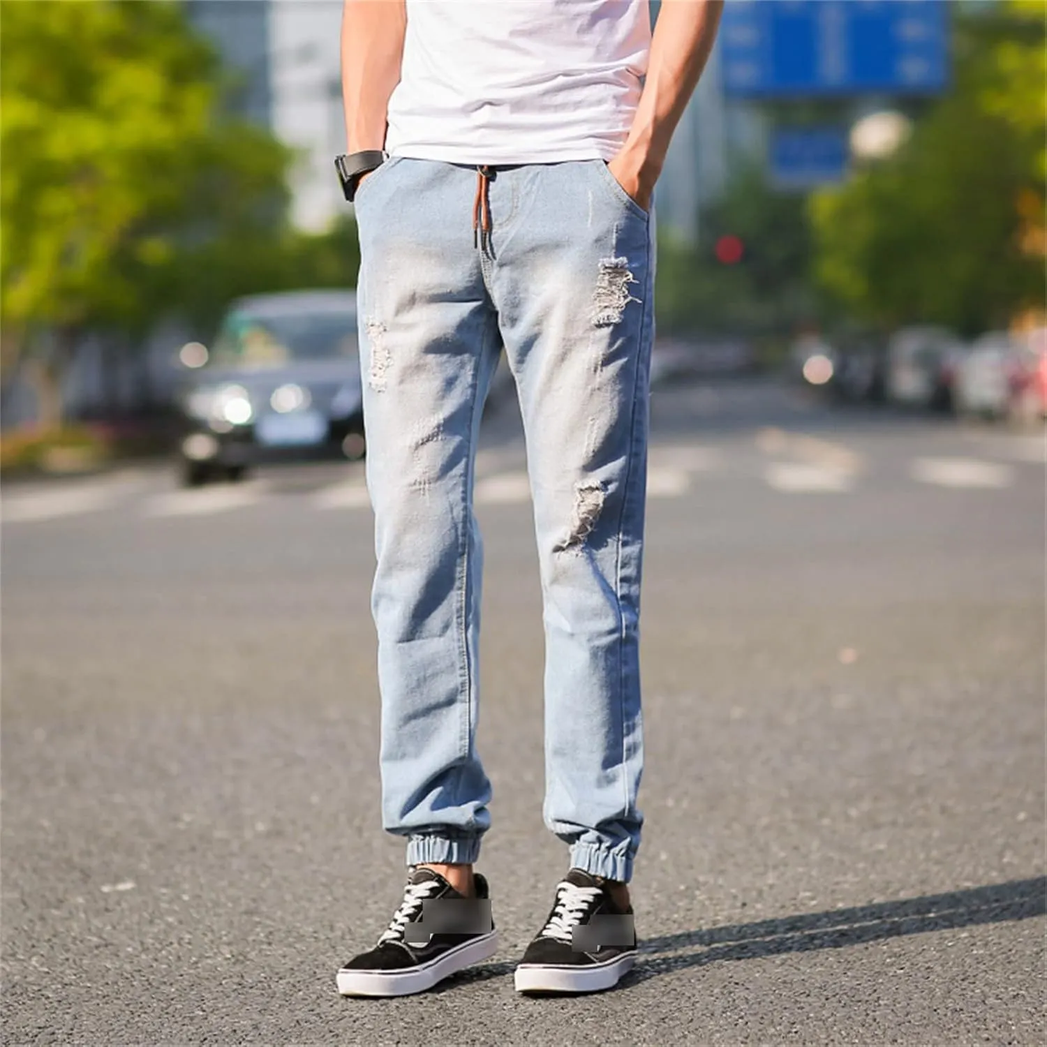 Maiyifu-GJ Men's Ripped Joggers Denim Pants Elastic Waist Casual Pull On Jean Pants Lightweight Distressed Jeans Trousers