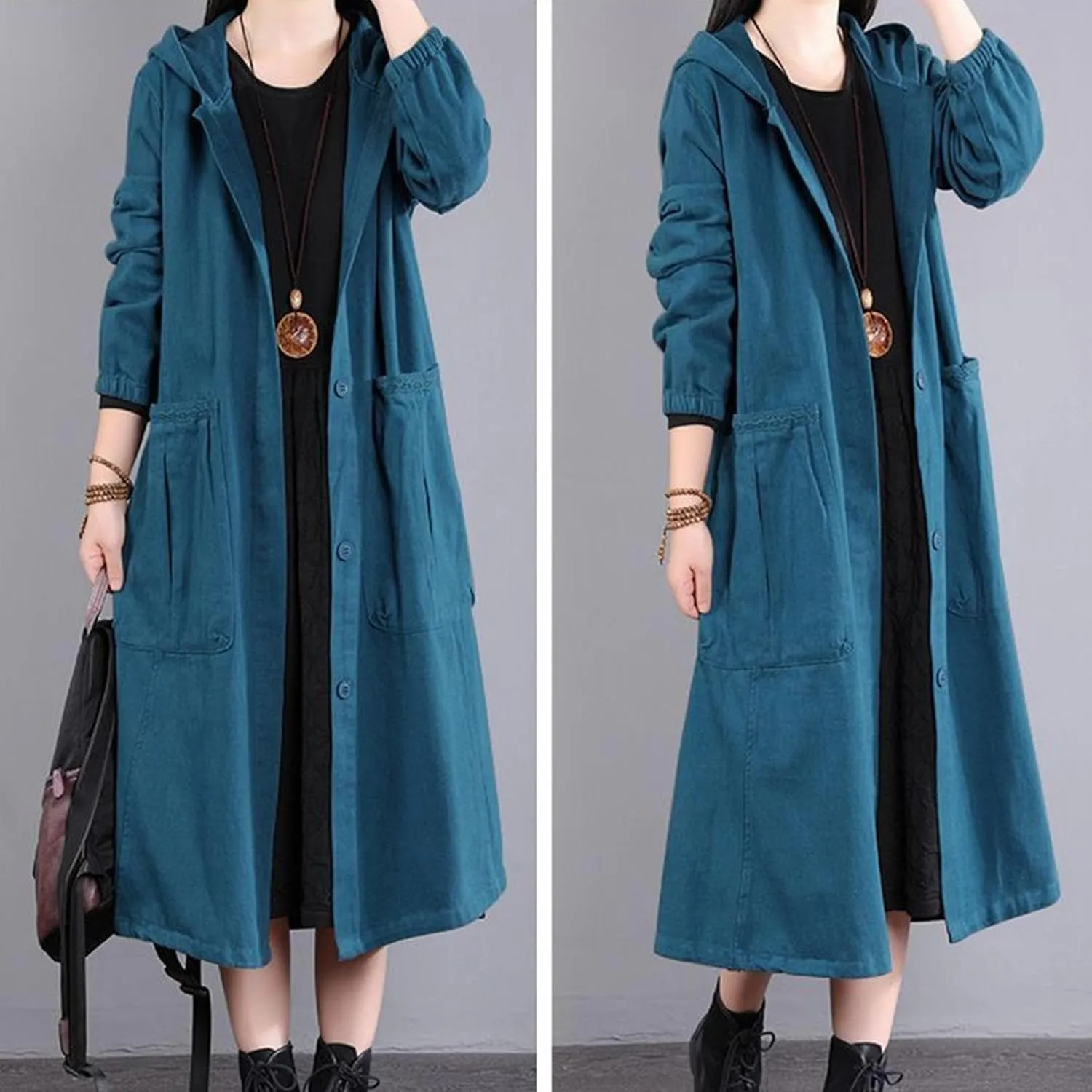 Maiyifu-GJ Women's Long Trench Coat Lightweight Hooded Button Windbreaker Overcoat Casual Long Sleeve Military Jacket