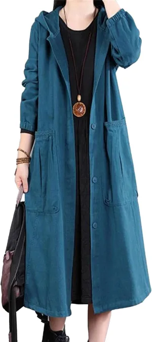 Maiyifu-GJ Women's Long Trench Coat Lightweight Hooded Button Windbreaker Overcoat Casual Long Sleeve Military Jacket