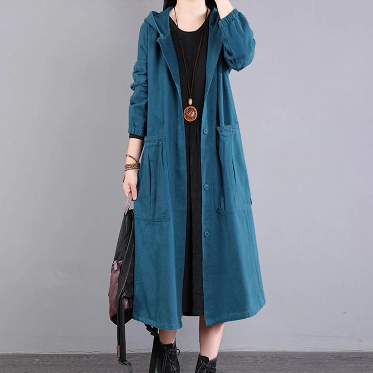 Maiyifu-GJ Women's Long Trench Coat Lightweight Hooded Button Windbreaker Overcoat Casual Long Sleeve Military Jacket