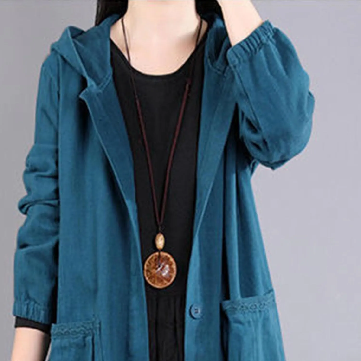 Maiyifu-GJ Women's Long Trench Coat Lightweight Hooded Button Windbreaker Overcoat Casual Long Sleeve Military Jacket