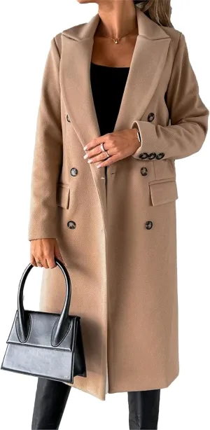Maiyifu-GJ Womens Winter Double Breasted Coat Long Jacket Notch Lapel Wool Blend Trench Coat Elegant Overcoat Outerwear