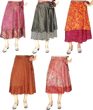 Maple Clothing Women's Indian Silk Sari Wrap Skirts Vintage Magic Long Boho Two Layers Wholesale 5 Pcs Lot Multicolored
