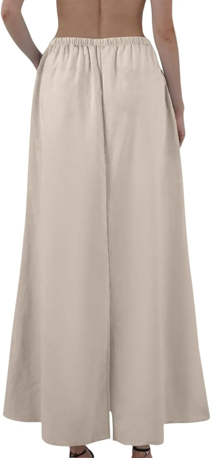 Maxi Linen Flare Skirts for Women Trendy Summer with Slit Drawstring Elastic Waist Low Rise Long Flowy A Line Skorts