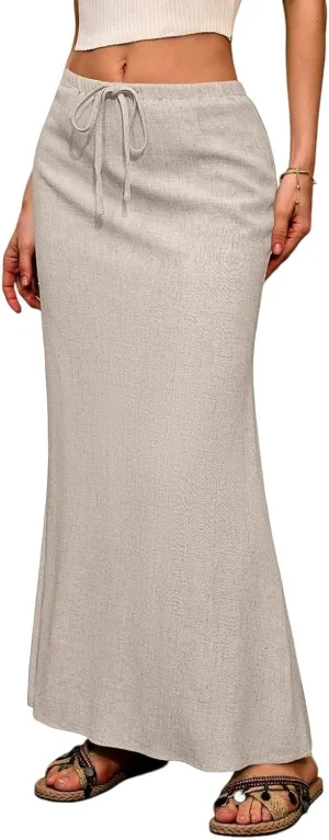 Maxi Linen Flare Skirts for Women Trendy Summer with Slit Drawstring Elastic Waist Low Rise Long Flowy A Line Skorts