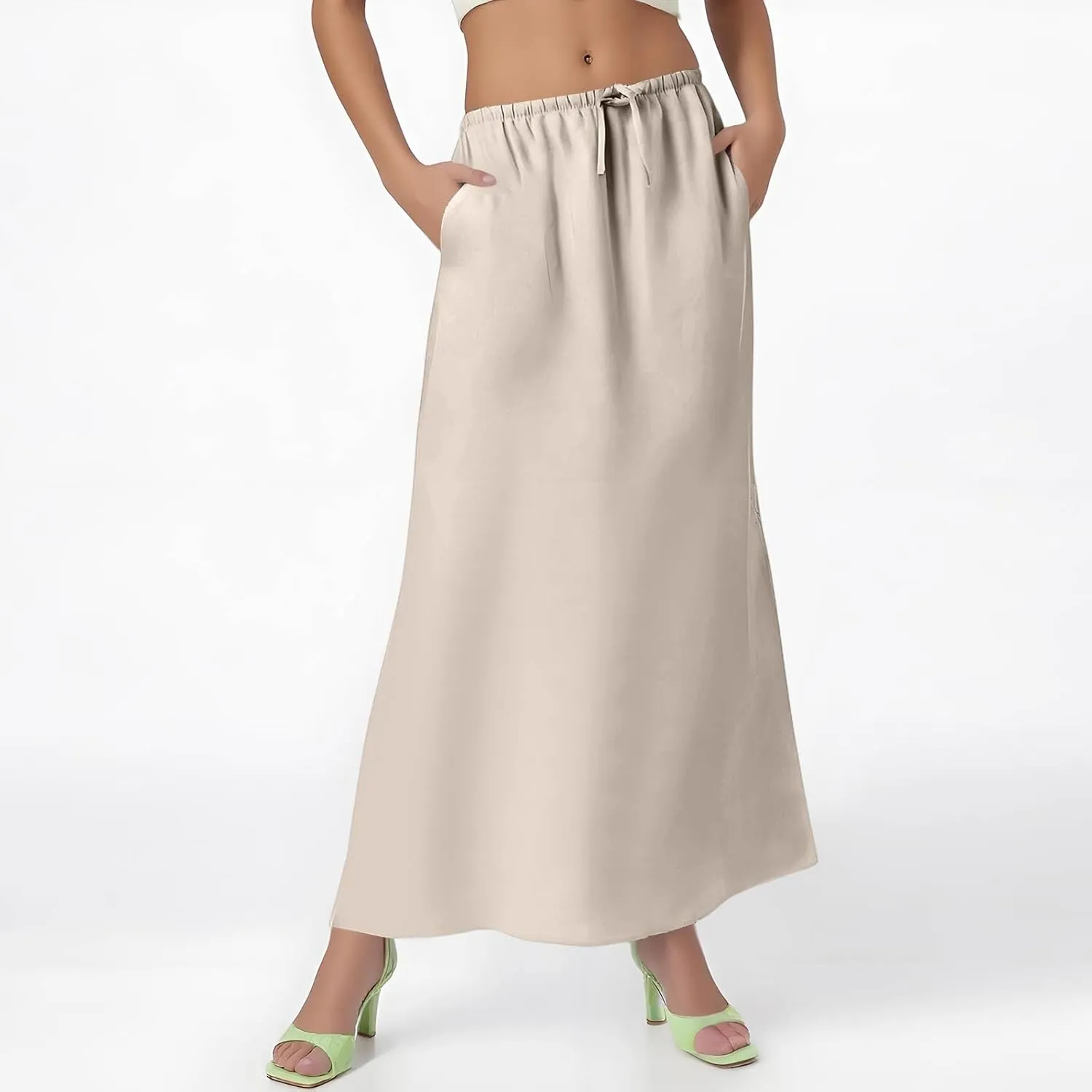 Maxi Linen Flare Skirts for Women Trendy Summer with Slit Drawstring Elastic Waist Low Rise Long Flowy A Line Skorts