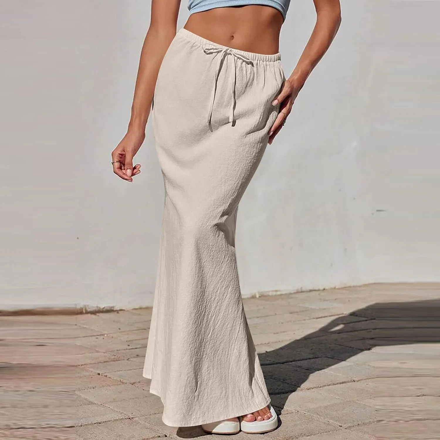 Maxi Linen Flare Skirts for Women Trendy Summer with Slit Drawstring Elastic Waist Low Rise Long Flowy A Line Skorts