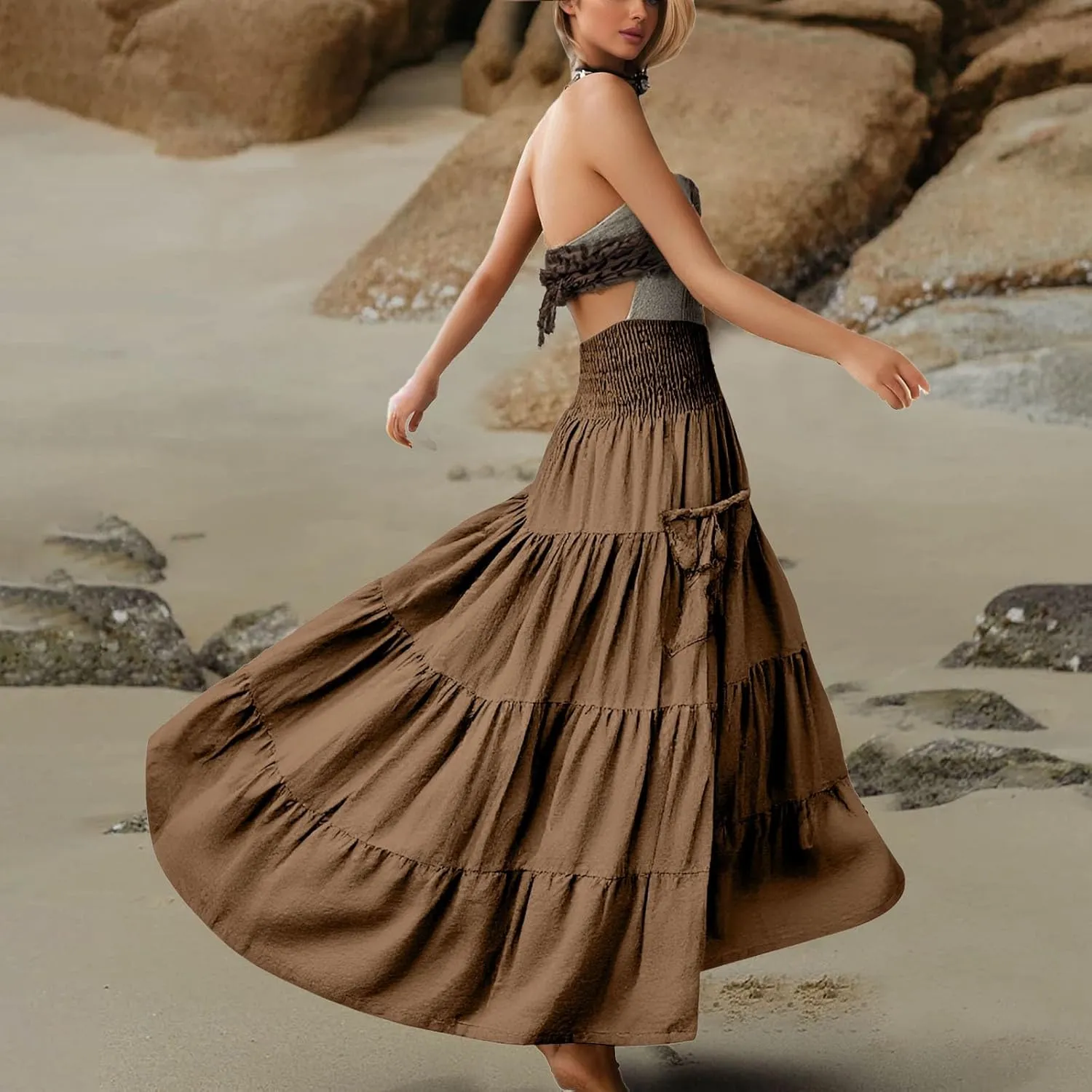Maxi Long Skirts for Women Ankle Length High Waisted Pleated A Line Flowy Tube Dresses Summer Casual Skirts with Pockets