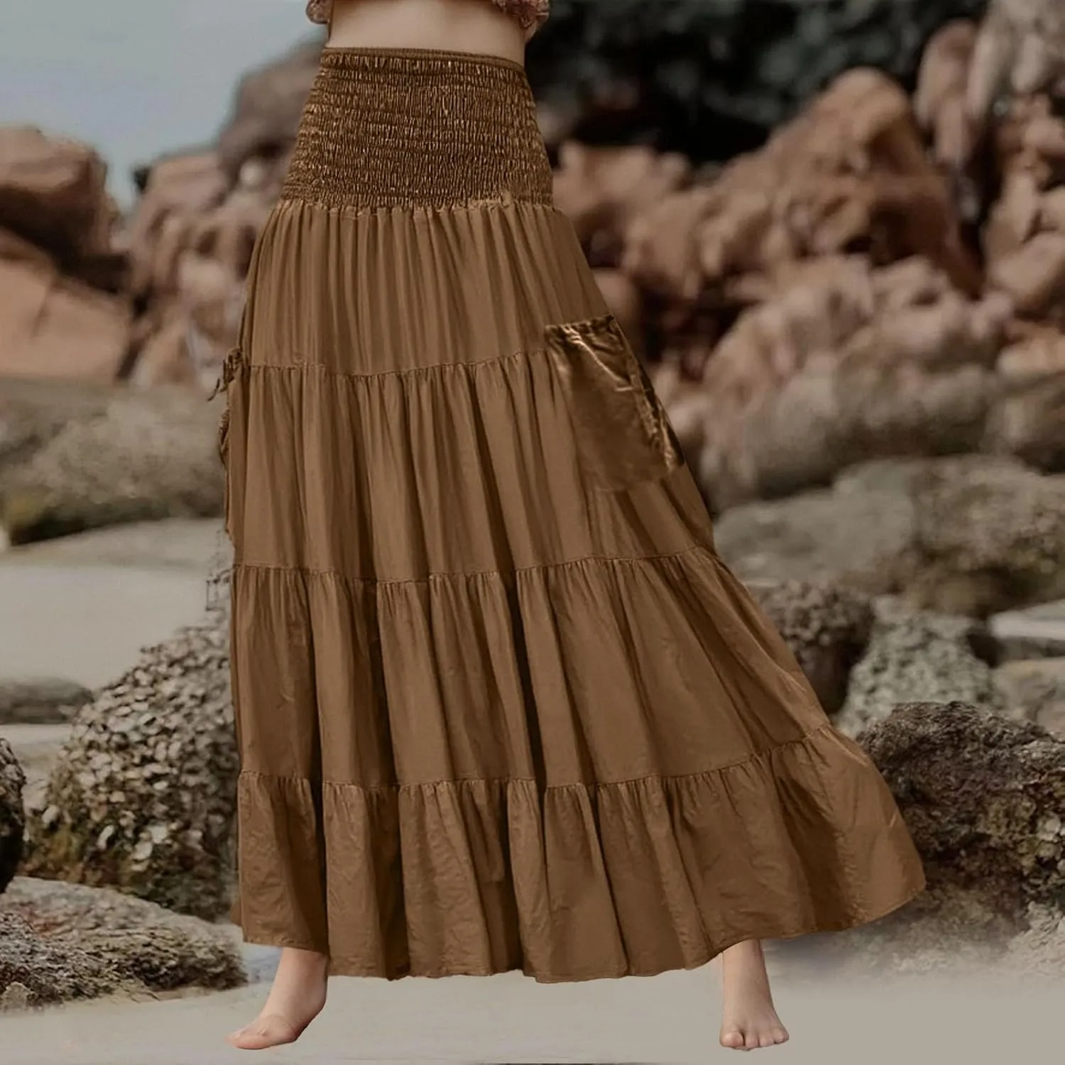 Maxi Long Skirts for Women Ankle Length High Waisted Pleated A Line Flowy Tube Dresses Summer Casual Skirts with Pockets