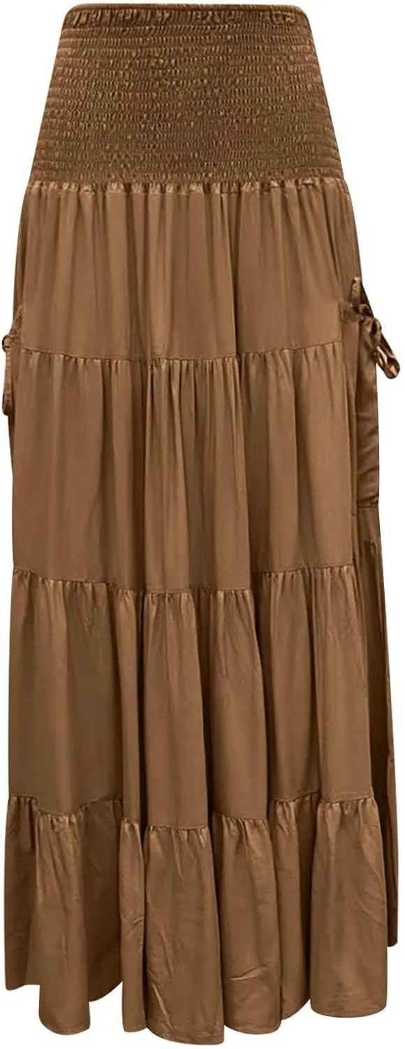 Maxi Long Skirts for Women Ankle Length High Waisted Pleated A Line Flowy Tube Dresses Summer Casual Skirts with Pockets
