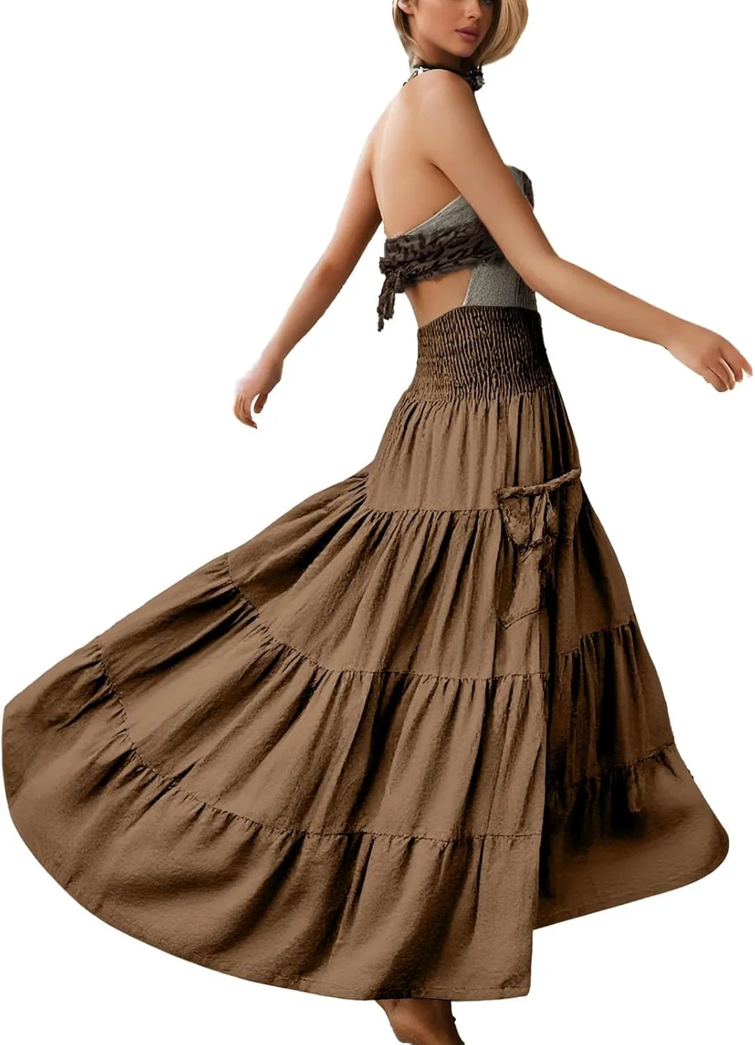 Maxi Long Skirts for Women Ankle Length High Waisted Pleated A Line Flowy Tube Dresses Summer Casual Skirts with Pockets