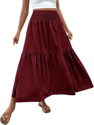 Maxi Skirt for Women Summer Casual Elastic High Waist Pleated A Line Flowy Swing Tiered Beach Vacation Skirts