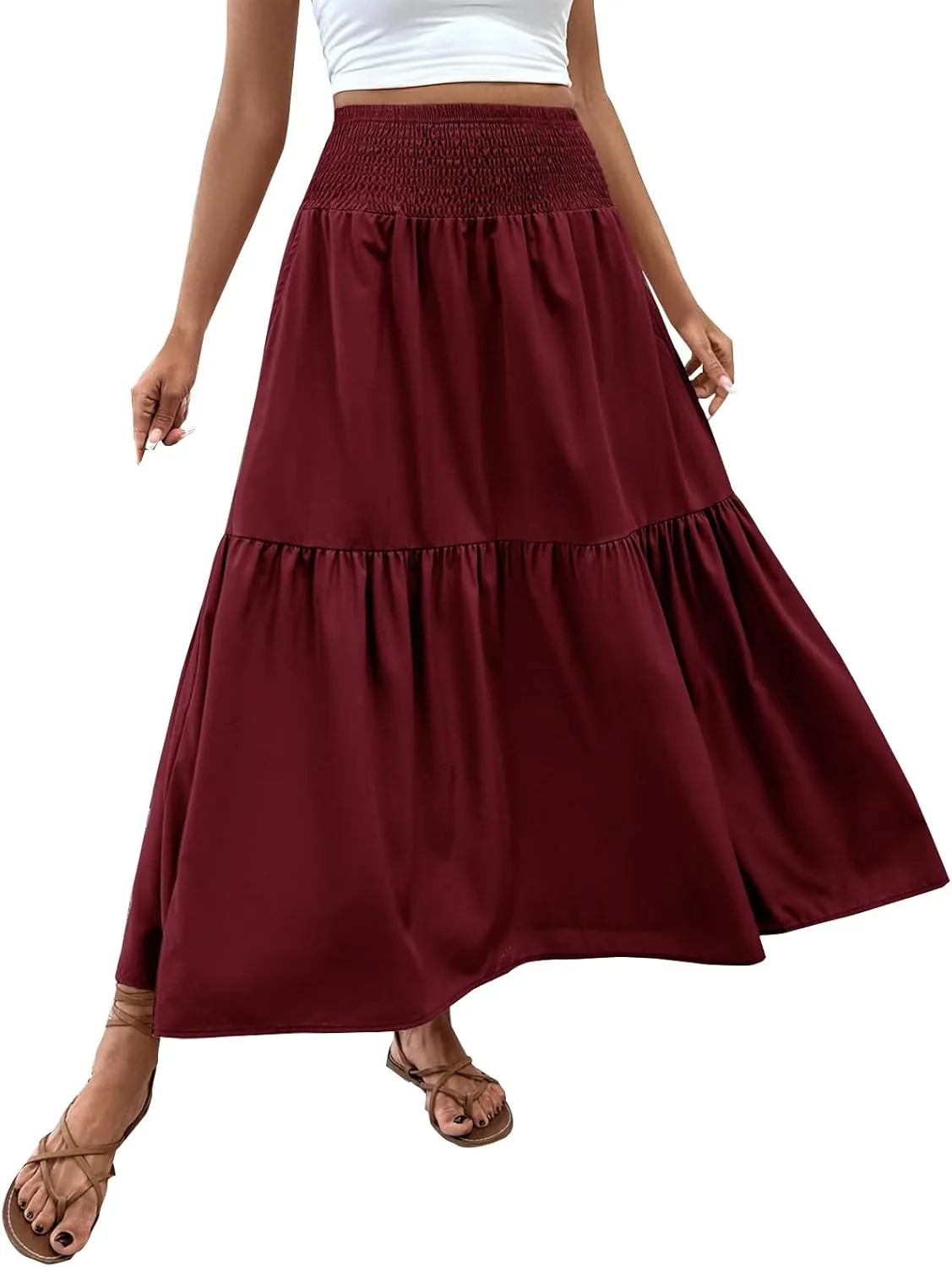 Maxi Skirt for Women Summer Casual Elastic High Waist Pleated A Line Flowy Swing Tiered Beach Vacation Skirts