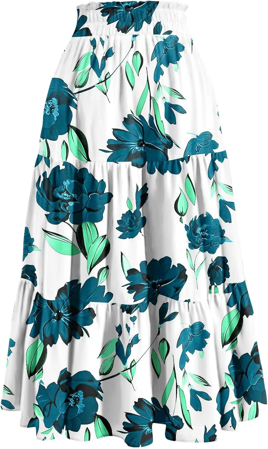 Maxi Skirts for Women 2025 Spring Summer Trendy Elastic Waist Floral Flowy Long Skirt Beach Vacation Clothes
