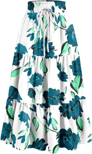 Maxi Skirts for Women 2025 Spring Summer Trendy Elastic Waist Floral Flowy Long Skirt Beach Vacation Clothes